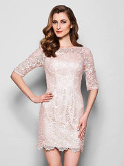 Sheath / Column Mother of the Bride Dress Bateau Neck Short / Mini Lace Half Sleeve with Lace Pleats Appliques  / Illusion Sleeve - RongMoon
