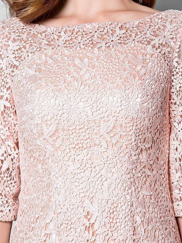 Sheath / Column Mother of the Bride Dress Bateau Neck Short / Mini Lace Half Sleeve with Lace Pleats Appliques  / Illusion Sleeve - RongMoon