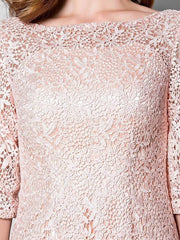 Sheath / Column Mother of the Bride Dress Bateau Neck Short / Mini Lace Half Sleeve with Lace Pleats Appliques  / Illusion Sleeve - RongMoon