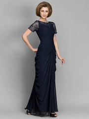 Sheath / Column Mother of the Bride Dress Elegant Bateau Neck Floor Length Chiffon Short Sleeve with Ruched Beading - RongMoon