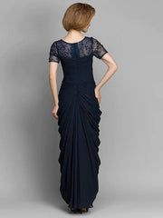 Sheath / Column Mother of the Bride Dress Elegant Bateau Neck Floor Length Chiffon Short Sleeve with Ruched Beading - RongMoon