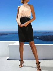 Sheath / Column Mother of the Bride Dress Elegant High Neck Knee Length Chiffon Short Sleeve with Beading Ruffles Color Block - RongMoon
