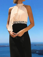 Sheath / Column Mother of the Bride Dress Elegant High Neck Knee Length Chiffon Short Sleeve with Beading Ruffles Color Block - RongMoon