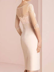 Sheath / Column Mother of the Bride Dress Elegant Illusion Neck Jewel Neck Knee Length Chiffon 3/4 Length Sleeve with Pleats Embroidery 2022 / Illusion Sleeve - RongMoon