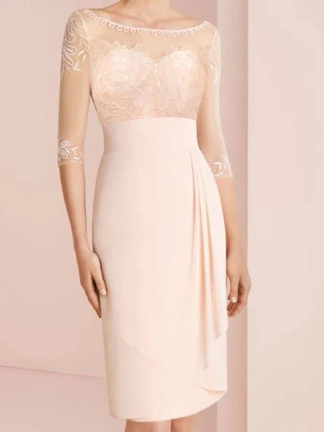 Sheath / Column Mother of the Bride Dress Elegant Illusion Neck Jewel Neck Knee Length Chiffon 3/4 Length Sleeve with Pleats Embroidery 2022 / Illusion Sleeve - RongMoon