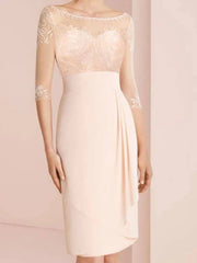 Sheath / Column Mother of the Bride Dress Elegant Illusion Neck Jewel Neck Knee Length Chiffon 3/4 Length Sleeve with Pleats Embroidery 2022 / Illusion Sleeve - RongMoon