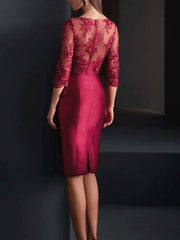 Sheath / Column Mother of the Bride Dress Elegant Illusion Neck Jewel Neck Knee Length Satin 3/4 Length Sleeve with Appliques Ruching - RongMoon