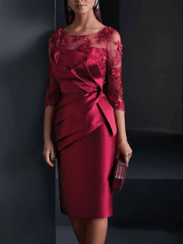 Sheath / Column Mother of the Bride Dress Elegant Illusion Neck Jewel Neck Knee Length Satin 3/4 Length Sleeve with Appliques Ruching - RongMoon