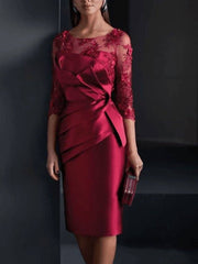 Sheath / Column Mother of the Bride Dress Elegant Illusion Neck Jewel Neck Knee Length Satin 3/4 Length Sleeve with Appliques Ruching - RongMoon