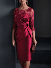 Sheath / Column Mother of the Bride Dress Elegant Illusion Neck Jewel Neck Knee Length Satin 3/4 Length Sleeve with Appliques Ruching - RongMoon