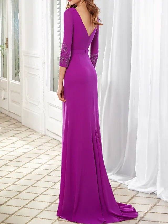 Sheath / Column Mother of the Bride Dress Elegant Jewel Neck Floor Length Chiffon Half Sleeve with Pleats - RongMoon