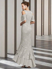 Sheath / Column Mother of the Bride Dress Elegant Jewel Neck Floor Length Chiffon Lace Short Sleeve with Ruffles - RongMoon