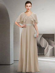 Sheath / Column Mother of the Bride Dress Elegant Jewel Neck Floor Length Chiffon Short Sleeve with Pleats Ruffles Crystal Brooch - RongMoon
