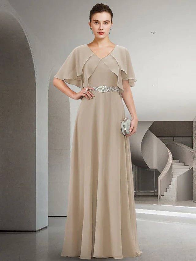 Sheath / Column Mother of the Bride Dress Elegant Jewel Neck Floor Length Chiffon Short Sleeve with Pleats Ruffles Crystal Brooch - RongMoon
