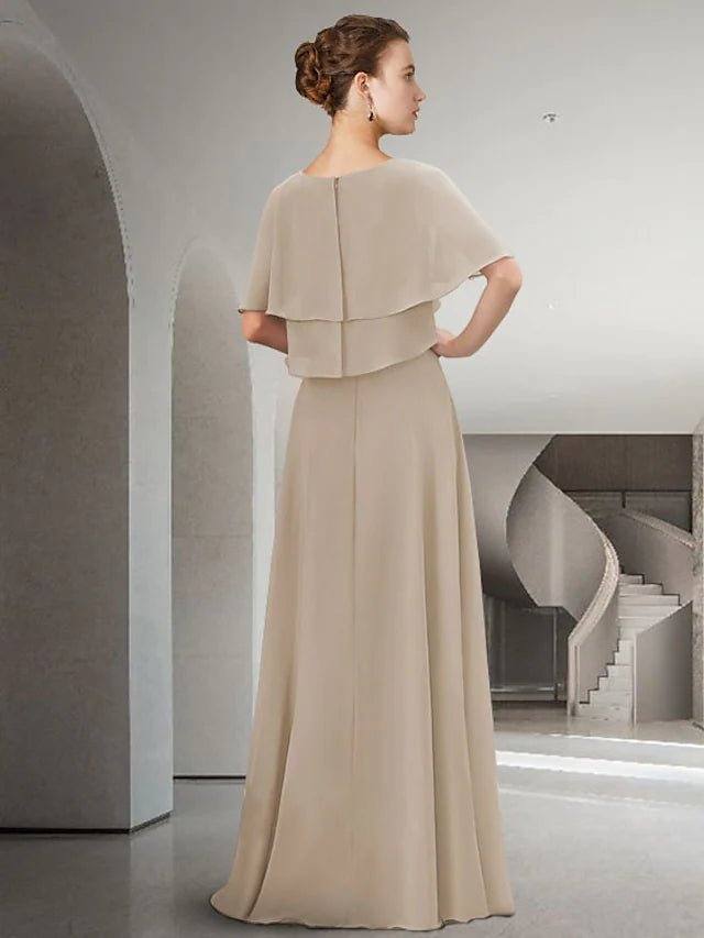Sheath / Column Mother of the Bride Dress Elegant Jewel Neck Floor Length Chiffon Short Sleeve with Pleats Ruffles Crystal Brooch - RongMoon