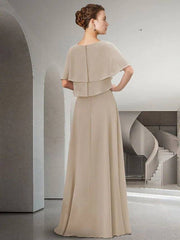Sheath / Column Mother of the Bride Dress Elegant Jewel Neck Floor Length Chiffon Short Sleeve with Pleats Ruffles Crystal Brooch - RongMoon