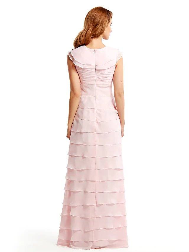 Sheath / Column Mother of the Bride Dress Elegant Jewel Neck Floor Length Chiffon Sleeveless with Cascading Ruffles - RongMoon