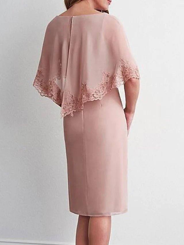 Sheath / Column Mother of the Bride Dress Elegant Jewel Neck Knee Length Chiffon Lace Sleeveless with Appliques - RongMoon