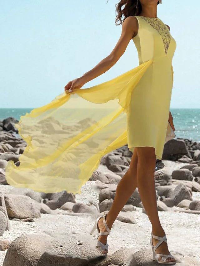 Sheath / Column Mother of the Bride Dress Elegant Jewel Neck Knee Length Chiffon Lace Sleeveless with Appliques - RongMoon