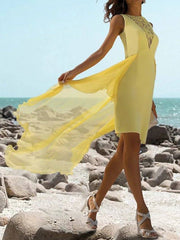 Sheath / Column Mother of the Bride Dress Elegant Jewel Neck Knee Length Chiffon Lace Sleeveless with Appliques - RongMoon