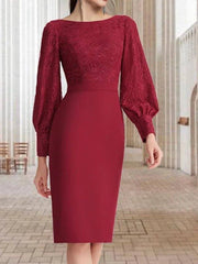 Sheath / Column Mother of the Bride Dress Elegant Jewel Neck Knee Length Chiffon Long Sleeve with Solid Color - RongMoon