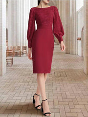 Sheath / Column Mother of the Bride Dress Elegant Jewel Neck Knee Length Chiffon Long Sleeve with Solid Color - RongMoon