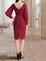 Sheath / Column Mother of the Bride Dress Elegant Jewel Neck Knee Length Chiffon Long Sleeve with Solid Color - RongMoon