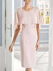 Sheath / Column Mother of the Bride Dress Elegant Jewel Neck Knee Length Chiffon Short Sleeve with Appliques - RongMoon