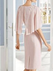 Sheath / Column Mother of the Bride Dress Elegant Jewel Neck Knee Length Chiffon Short Sleeve with Appliques - RongMoon