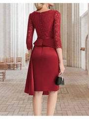 Sheath / Column Mother of the Bride Dress Elegant Jewel Neck Knee Length Lace Stretch Fabric 3/4 Length Sleeve with Ruffles Side-Draped - RongMoon