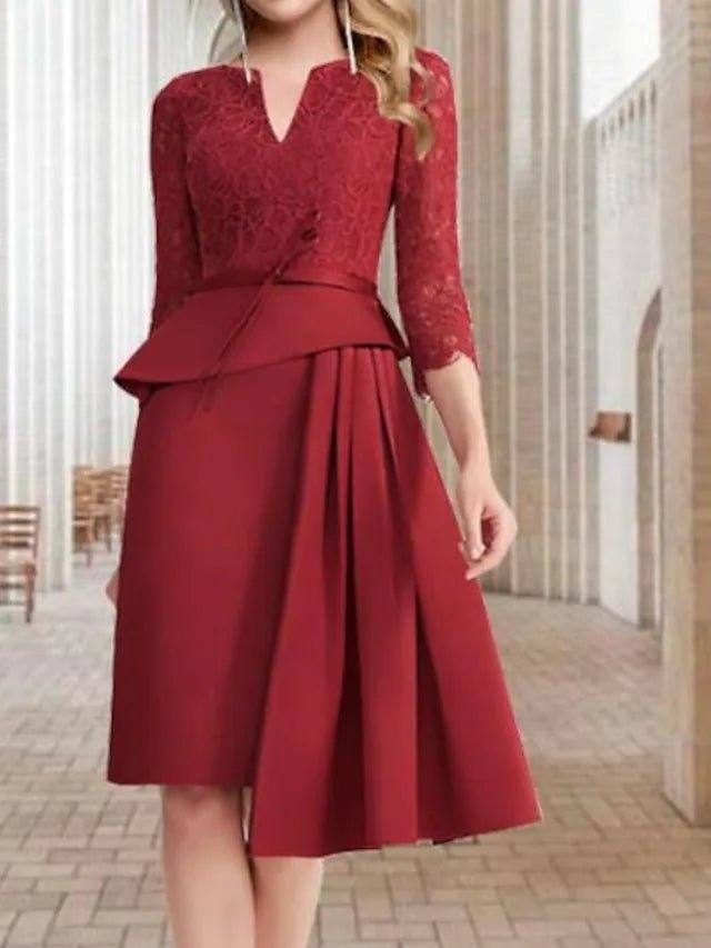 Sheath / Column Mother of the Bride Dress Elegant Jewel Neck Knee Length Lace Stretch Fabric 3/4 Length Sleeve with Ruffles Side-Draped - RongMoon