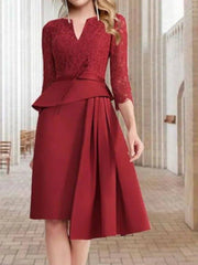 Sheath / Column Mother of the Bride Dress Elegant Jewel Neck Knee Length Lace Stretch Fabric 3/4 Length Sleeve with Ruffles Side-Draped - RongMoon