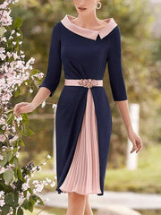 Sheath / Column Mother of the Bride Dress Elegant Jewel Neck Knee Length Stretch Chiffon Half Sleeve with Pleats Crystal Brooch Color Block - RongMoon