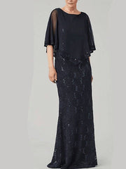 Sheath / Column Mother of the Bride Dress Elegant & Luxurious Jewel Neck Floor Length Chiffon Half Sleeve with Lace Beading Embroidery - RongMoon
