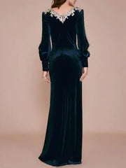 Sheath / Column Mother of the Bride Dress Elegant & Luxurious Plunging Neck Floor Length Knee Length Velvet Long Sleeve with Appliques - RongMoon