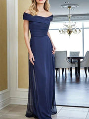 Sheath / Column Mother of the Bride Dress Elegant Off Shoulder Floor Length Chiffon Short Sleeve with Ruching - RongMoon