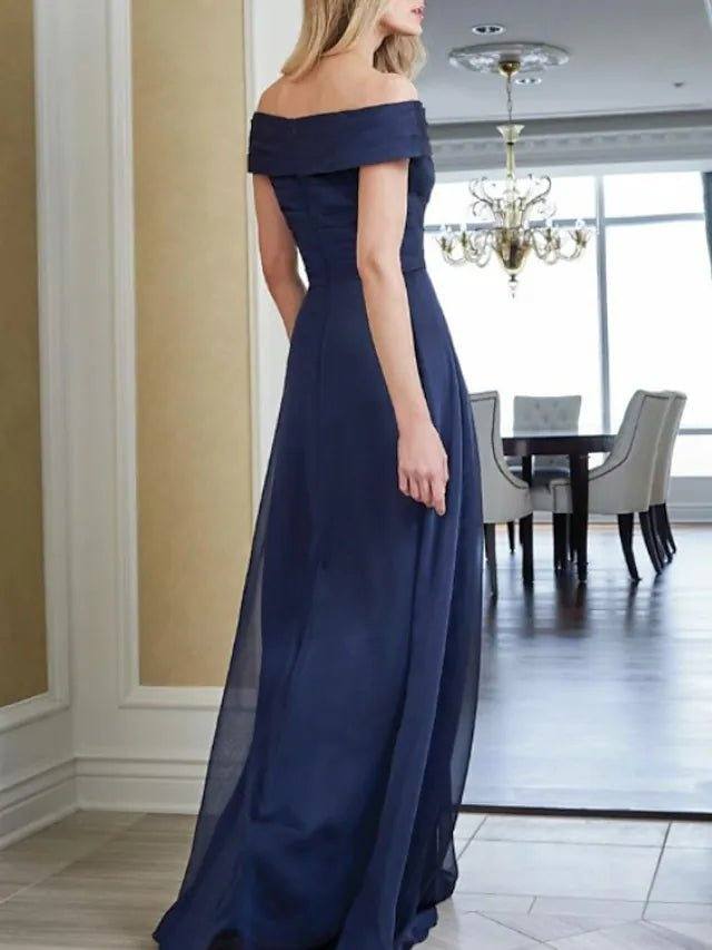 Sheath / Column Mother of the Bride Dress Elegant Off Shoulder Floor Length Chiffon Short Sleeve with Ruching - RongMoon