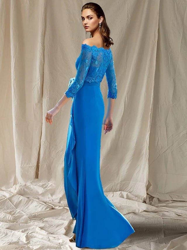 Sheath / Column Mother of the Bride Dress Elegant Off Shoulder Sweep / Brush Train Chiffon Lace 3/4 Length Sleeve with Pleats Appliques Flower - RongMoon