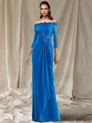 Sheath / Column Mother of the Bride Dress Elegant Off Shoulder Sweep / Brush Train Chiffon Lace 3/4 Length Sleeve with Pleats Appliques Flower - RongMoon