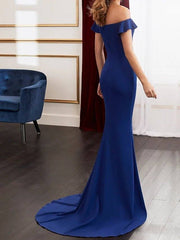 Sheath / Column Mother of the Bride Dress Elegant Off Shoulder Sweep / Brush Train Satin Sleeveless with Ruffles Split Front - RongMoon