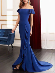 Sheath / Column Mother of the Bride Dress Elegant Off Shoulder Sweep / Brush Train Satin Sleeveless with Ruffles Split Front - RongMoon