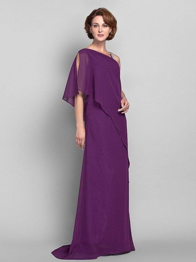 Sheath / Column Mother of the Bride Dress Elegant One Shoulder Floor Length Chiffon Sleeveless with Beading - RongMoon