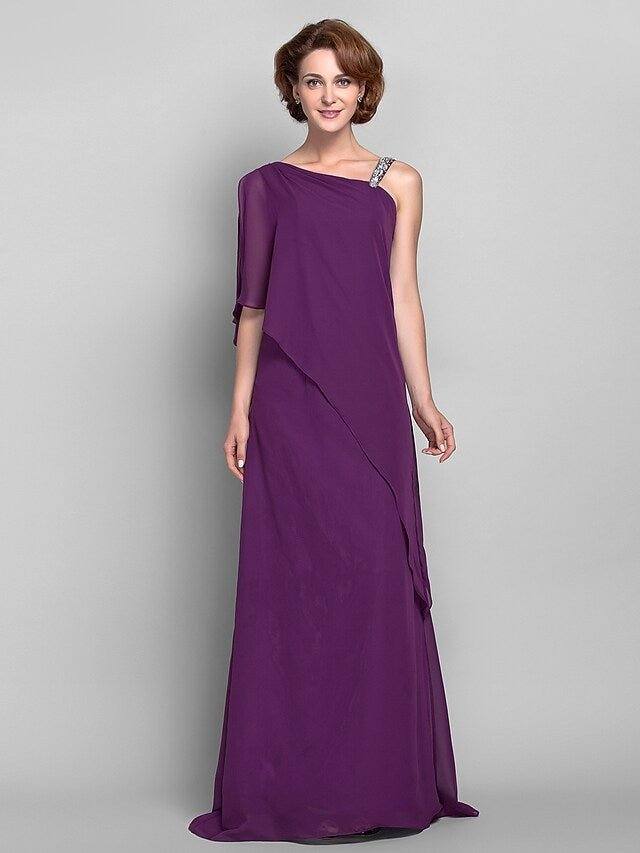 Sheath / Column Mother of the Bride Dress Elegant One Shoulder Floor Length Chiffon Sleeveless with Beading - RongMoon