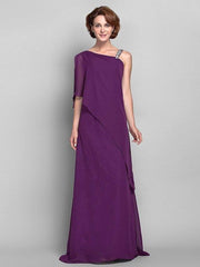 Sheath / Column Mother of the Bride Dress Elegant One Shoulder Floor Length Chiffon Sleeveless with Beading - RongMoon