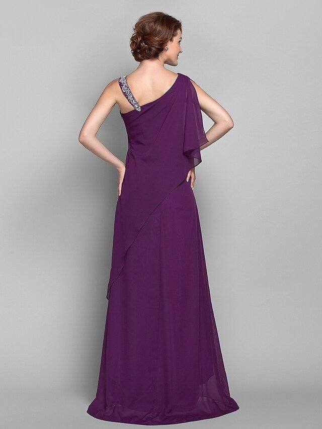 Sheath / Column Mother of the Bride Dress Elegant One Shoulder Floor Length Chiffon Sleeveless with Beading - RongMoon
