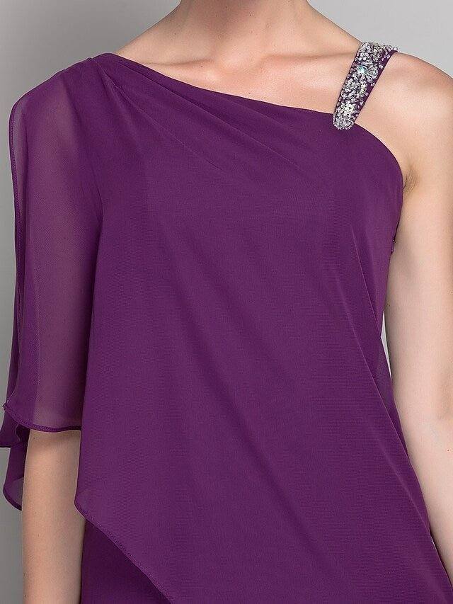Sheath / Column Mother of the Bride Dress Elegant One Shoulder Floor Length Chiffon Sleeveless with Beading - RongMoon