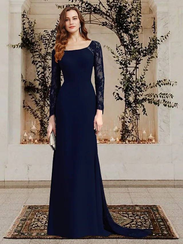 Sheath / Column Mother of the Bride Dress Elegant Scoop Neck Sweep / Brush Train Chiffon Lace Long Sleeve with Appliques - RongMoon