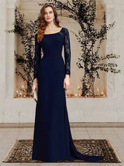 Sheath / Column Mother of the Bride Dress Elegant Scoop Neck Sweep / Brush Train Chiffon Lace Long Sleeve with Appliques - RongMoon