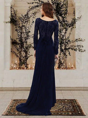 Sheath / Column Mother of the Bride Dress Elegant Scoop Neck Sweep / Brush Train Chiffon Lace Long Sleeve with Appliques - RongMoon