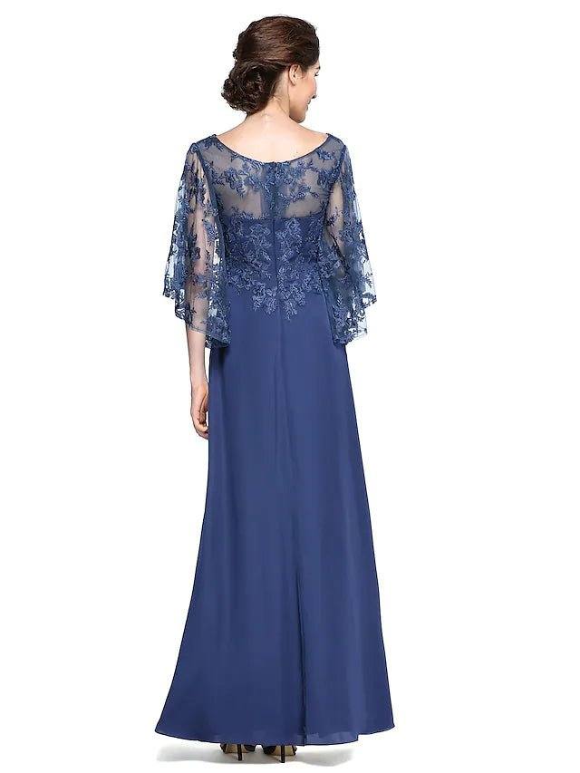 Sheath / Column Mother of the Bride Dress Elegant See Through Bateau Neck Ankle Length Chiffon Lace Half Sleeve with Lace - RongMoon